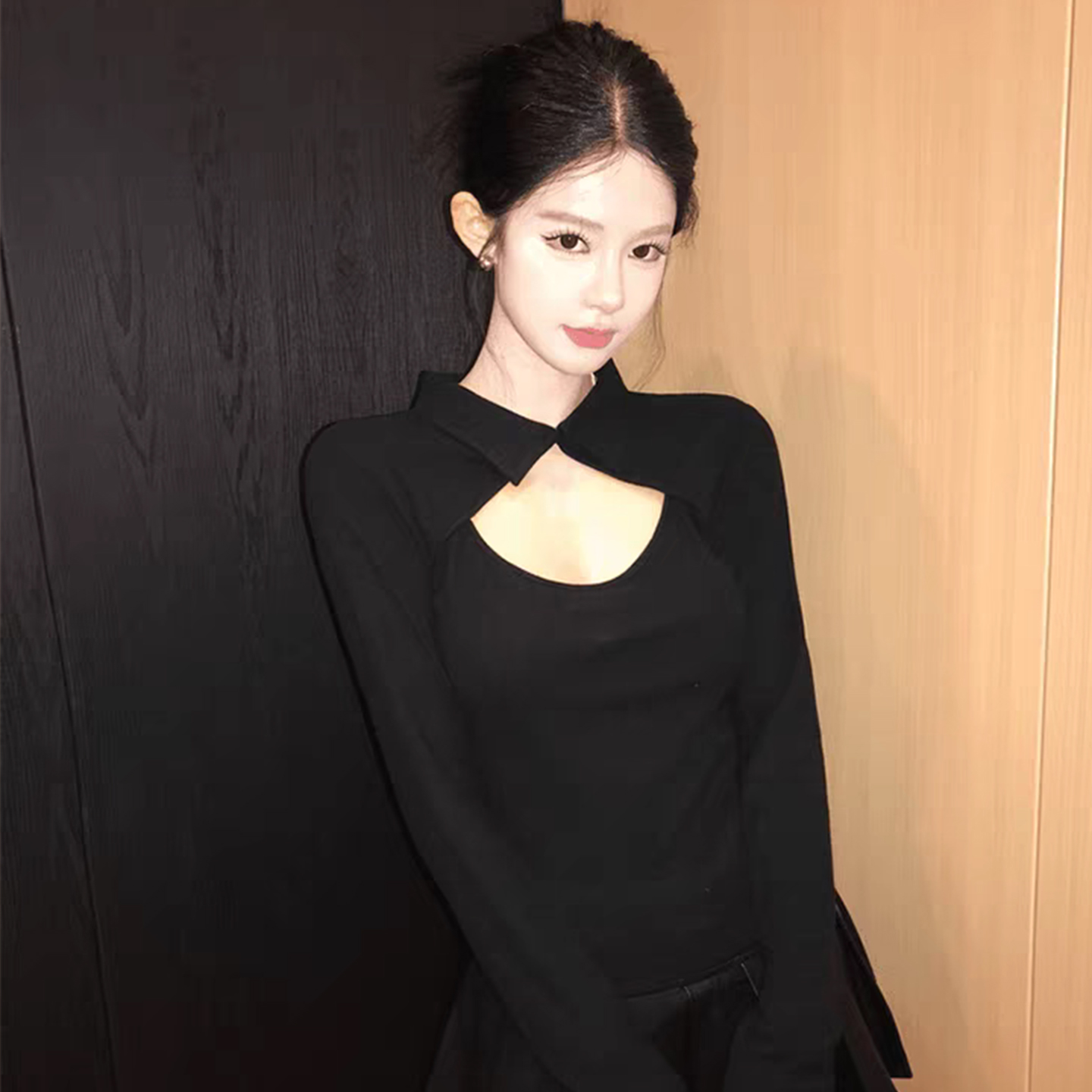 大码胖mm辣妹风黑色镂空长袖t恤女秋冬修身显瘦性感上衣潮酷女装