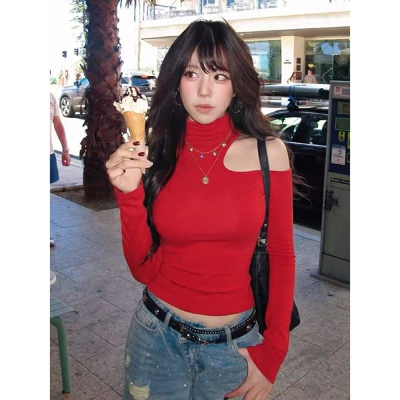 大码辣妹风红色露肩长袖t恤女秋冬胖mm气质高领内搭针织打底上衣,女装/女士精品,大码内搭,淘宝优惠券,粉丝福利购,淘宝优惠卷