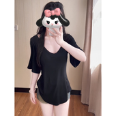 收腰显瘦慵懒风打底衫 大码 上衣 夏季 新款 胖MM纯欲风U领短袖 T恤女装