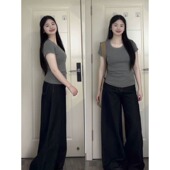 胖mm韩系灰色u领短袖 t恤女夏季 修身 大码 百搭显瘦短款 辣妹正肩上衣