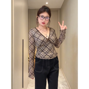 胖MM美式 显瘦气质修身 复古辣妹风格 T恤早秋新款 上衣 纹v领长袖 大码