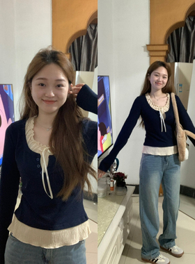 今年流行的漂亮打底衫大码胖妹妹bm系带假两件T恤木耳边别致上衣