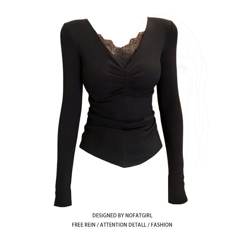 大码胖MM法式高级感蕾丝拼接V领长袖T恤女秋冬季黑色修身显瘦上衣,女装/女士精品,大码内搭,淘宝优惠券,粉丝福利购,淘宝优惠卷