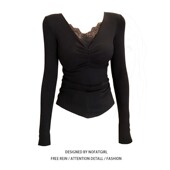 胖MM法式 高级感蕾丝拼接V领长袖 T恤女秋冬季 大码 黑色修身 显瘦上衣