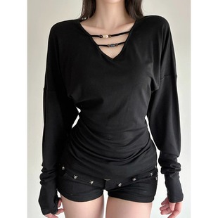 显瘦时尚 大码 T恤早秋新款 辣妹风串珠镂空v领长袖 气质上衣 胖mm美式