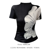 辣妹半高领褶皱修身 大码 胖mm复古大花朵拼色T恤女夏季 显瘦上衣潮