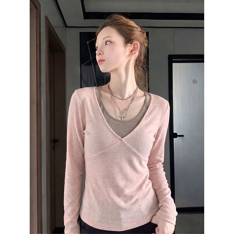 大码胖MM粉色少女风绝美长袖t恤女秋季温柔气质叠穿假两件上衣潮