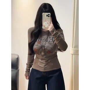 女装 微胖mm时尚 韩系花朵印花长袖 新款 气质纯欲风上衣 T恤秋季 大码
