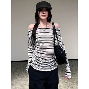 新款 t恤2025秋季 显瘦露肩设计感气质上衣 韩系一字领条纹长袖 大码