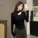 T恤长袖 女内搭修身 上衣 胖mm春秋镂空露锁骨半高领黑色打底衫 大码