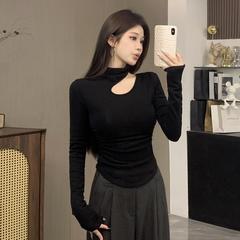 大码胖mm春秋镂空露锁骨半高领黑色打底衫女内搭修身T恤长袖上衣