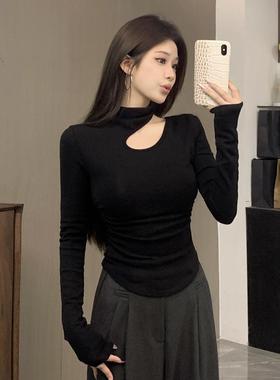 大码胖mm春秋镂空露锁骨半高领黑色打底衫女内搭修身T恤长袖上衣
