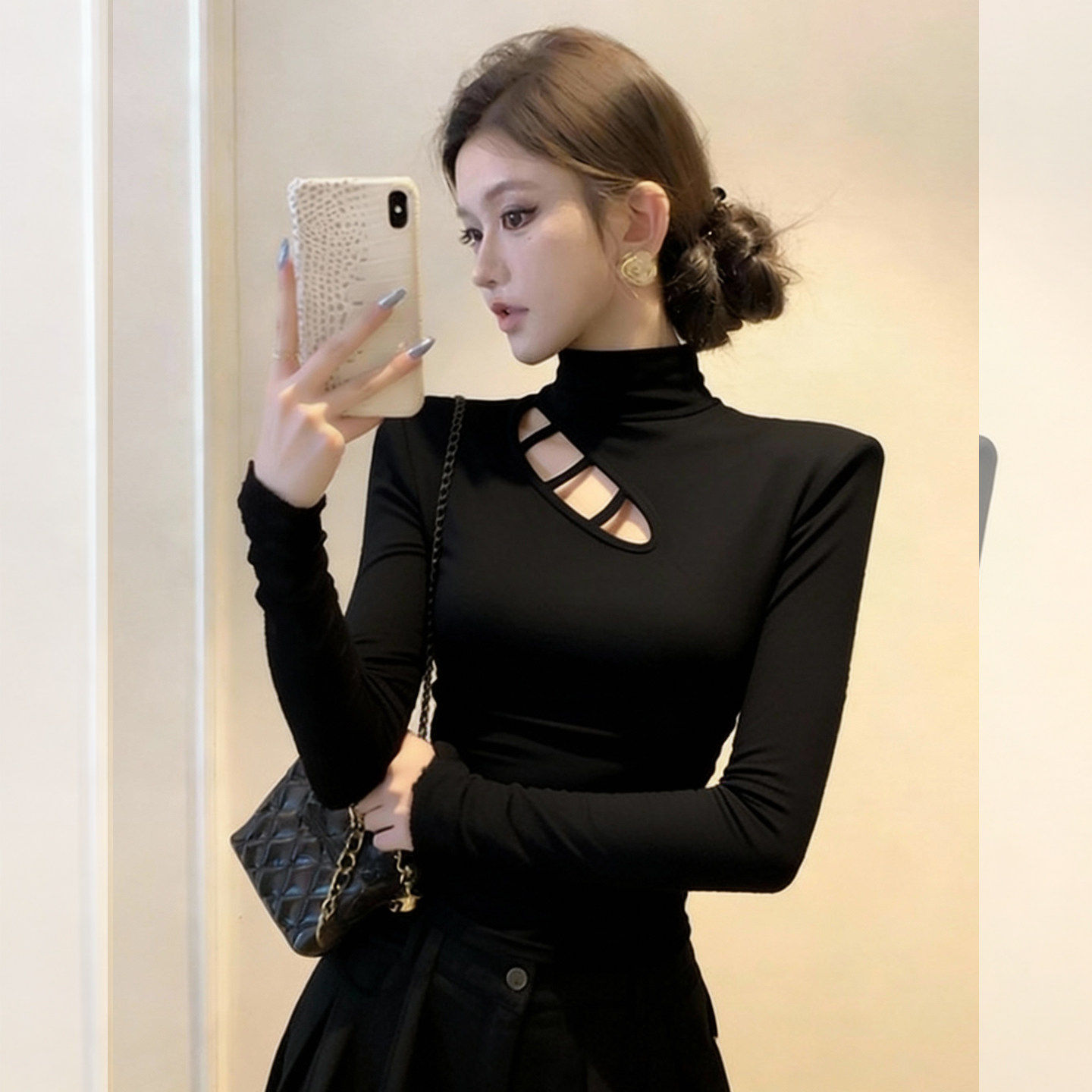 大码胖mm设计感镂空半高领打底衫T恤女秋冬加绒磨毛辣妹长袖上衣,女装/女士精品,大码内搭,淘宝优惠券,粉丝福利购,淘宝优惠卷