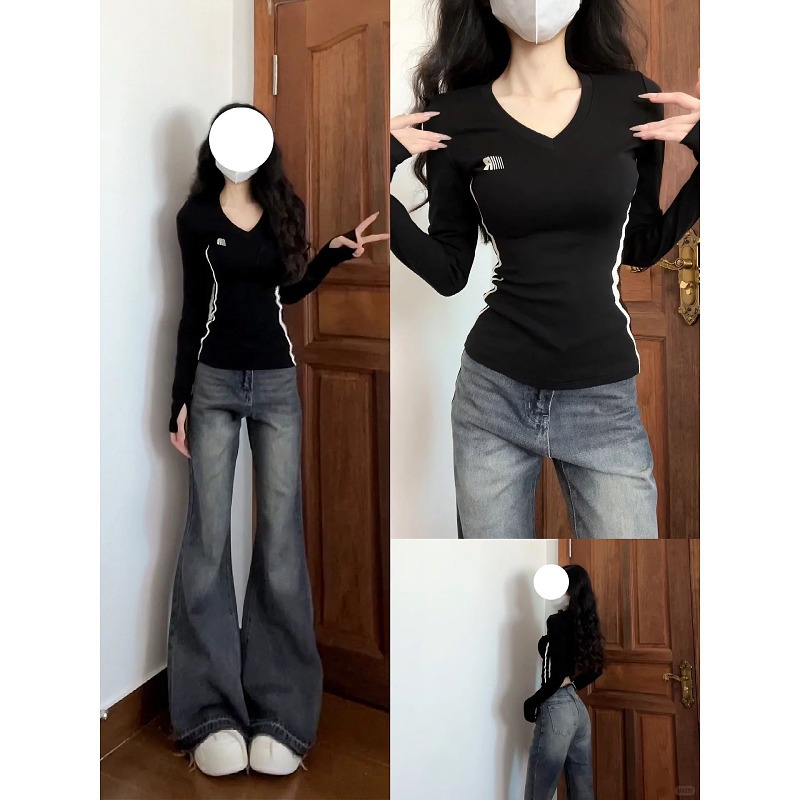 大码侧边条纹辣妹打底衫