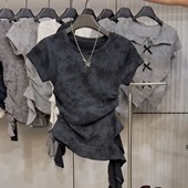 胖MM美式 辣妹不规则下摆扎染短袖 t恤女夏季 大码 修身 显瘦飘带上衣