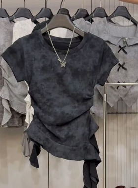 大码胖MM美式辣妹不规则下摆扎染短袖t恤女夏季修身显瘦飘带上衣