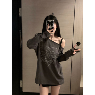 微胖MM纯欲露肩辣妹T恤女春季 上衣 复古设计感小众印花中长款 长袖