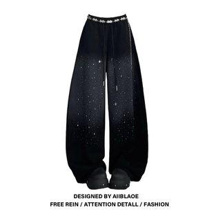 女秋冬辣妹复古百搭显瘦街头休闲裤 大码 胖mm黑色星空渐变烫钻长裤