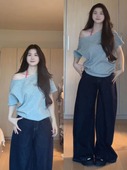 大码 胖mm设计感一字领露肩灰色短袖 T恤女夏宽松休闲体恤斜肩上衣