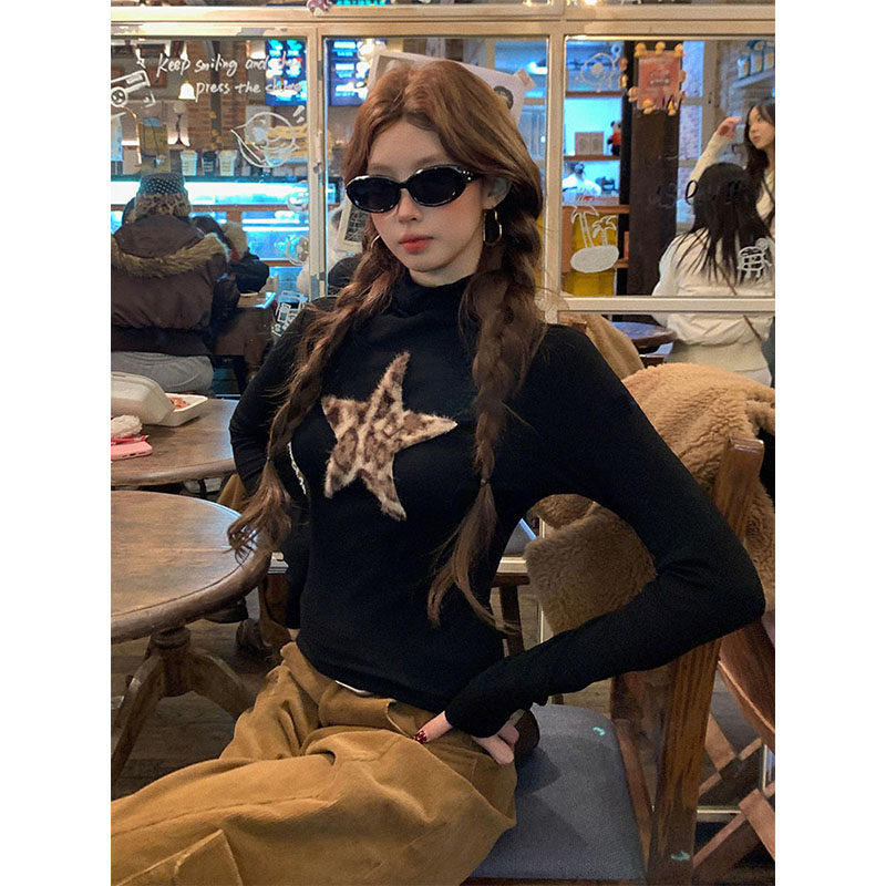 大码胖mm美式复古豹纹五角星长袖t恤女秋冬辣妹内搭修身显瘦上衣,女装/女士精品,大码内搭,淘宝优惠券,粉丝福利购,淘宝优惠卷