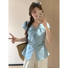 法式褶皱收腰系带蓝色小清新短袖衬衫v领显瘦洋气小飞袖上衣女夏