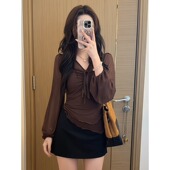 V领纯欲风不规则长袖 T恤女2025秋季 新款 大码 胖mm气质打底衫 上衣潮