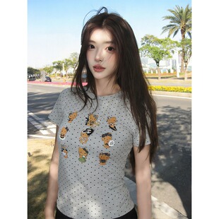 T恤女夏季 大码 波点短袖 显瘦修身 kitty印花正肩学院风上衣 胖mm时尚