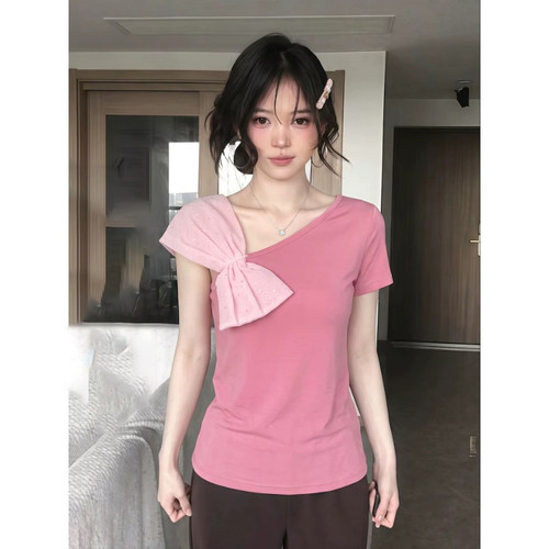 大码辣妹纯欲风不对称斜肩蝴蝶结上衣女夏季修身显瘦露肩短袖t恤