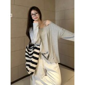 T恤女秋季 大码 长袖 宽松oversize露肩上衣微胖MM显瘦遮肚休闲体恤