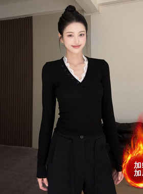 大码胖MM黑色V领蕾丝拼接加绒磨毛内搭长袖T恤女秋冬季打底衫上衣