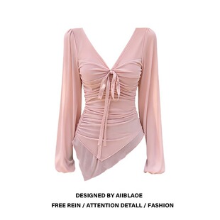 上衣潮 T恤女褶皱不规则下摆打底衫 大码 胖mm纯欲风粉色V领绑带长袖