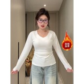 胖mm辣妹v领正肩长袖 t恤女秋冬季 加绒内搭打底衫 大码 修身 显瘦上衣