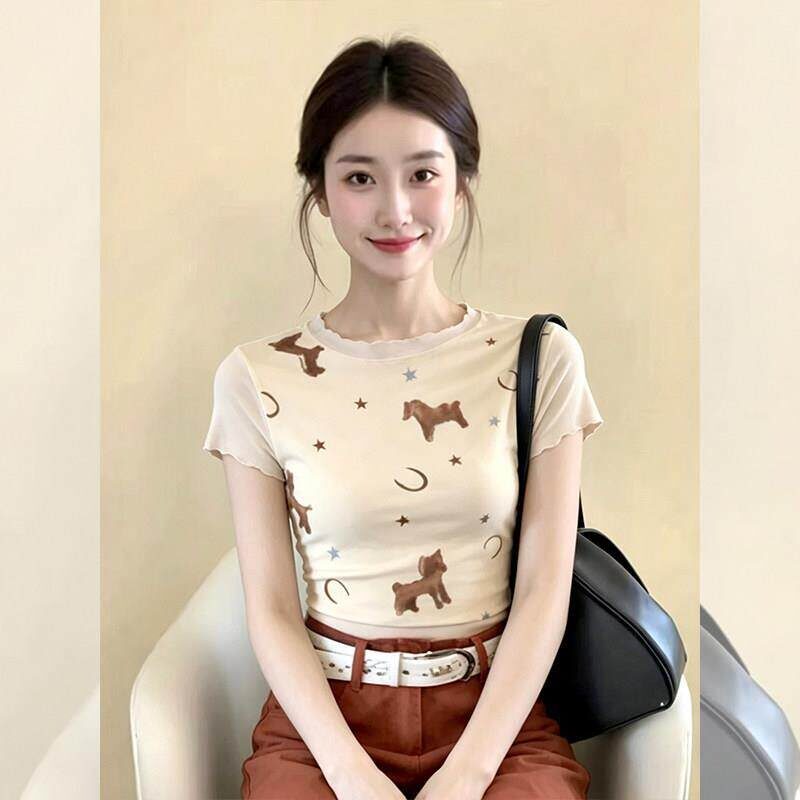 大码胖mm软妹甜美风小马印花短袖T恤女夏季减龄绝美网纱圆领上衣