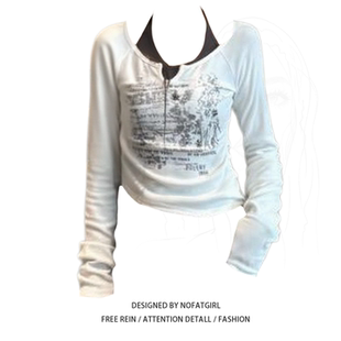 T恤女秋假两件修身 复古辣妹风印花长袖 显瘦内搭上衣 胖MM美式 大码