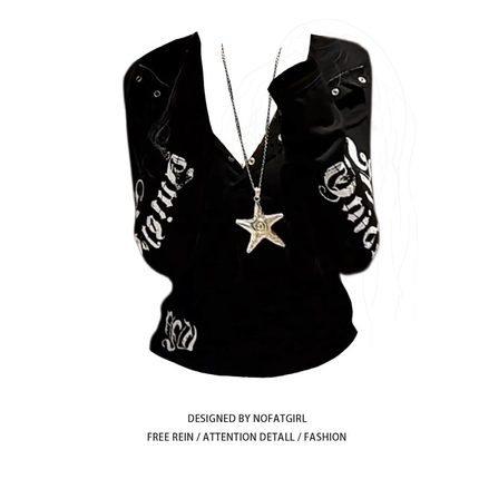 大码胖MM美式复古字母印花V领连帽长袖T恤女早秋辣妹风别致上衣