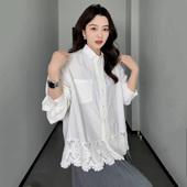 衬衫 大码 胖妹妹高级感蕾丝拼接白色长袖 女春宽松显瘦内搭叠穿上衣