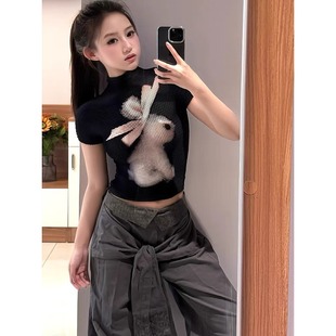 修身 t恤女夏季 褶皱设计感百搭上衣 甜酷妹涂鸦蝴蝶结小兔短袖 大码