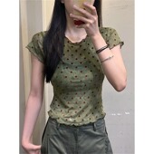 大码 小众别致显瘦上衣 T恤女夏季 胖mm美式 复古木耳边掐腰波点短袖