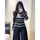大码 胖mm设计感镂空显瘦打底上衣 T恤秋冬季 女装 复古气质条纹长袖