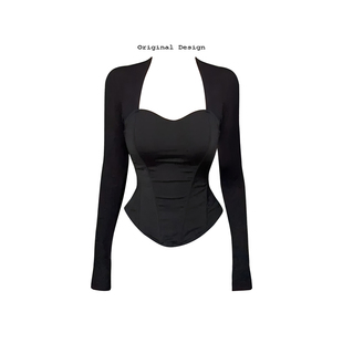 胖mm鱼骨气质绝美打底衫 大码 T恤女秋季 辣妹显瘦方领长袖 上衣 美式