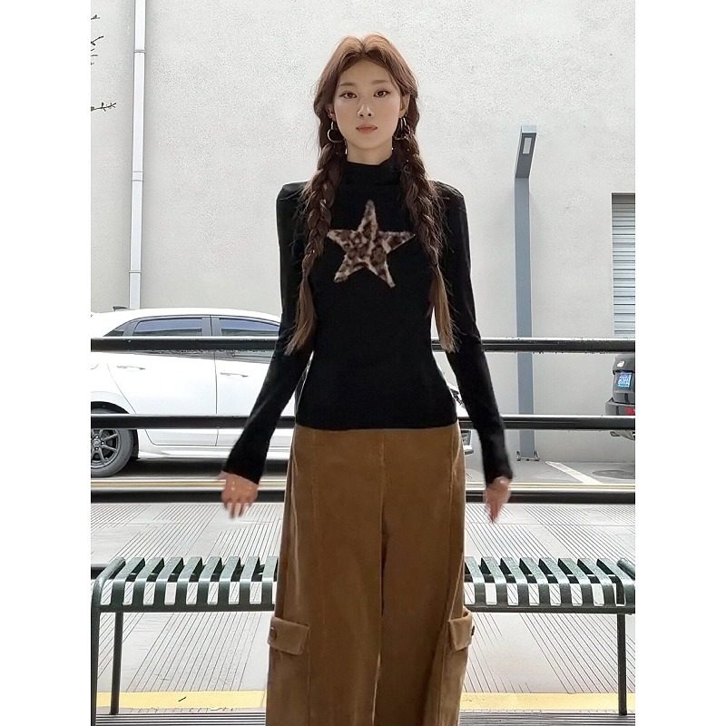 大码美式辣妹长袖t恤女秋冬豹纹星星打底衫修身显瘦高领内搭上衣,女装/女士精品,大码内搭,淘宝优惠券,粉丝福利购,淘宝优惠卷