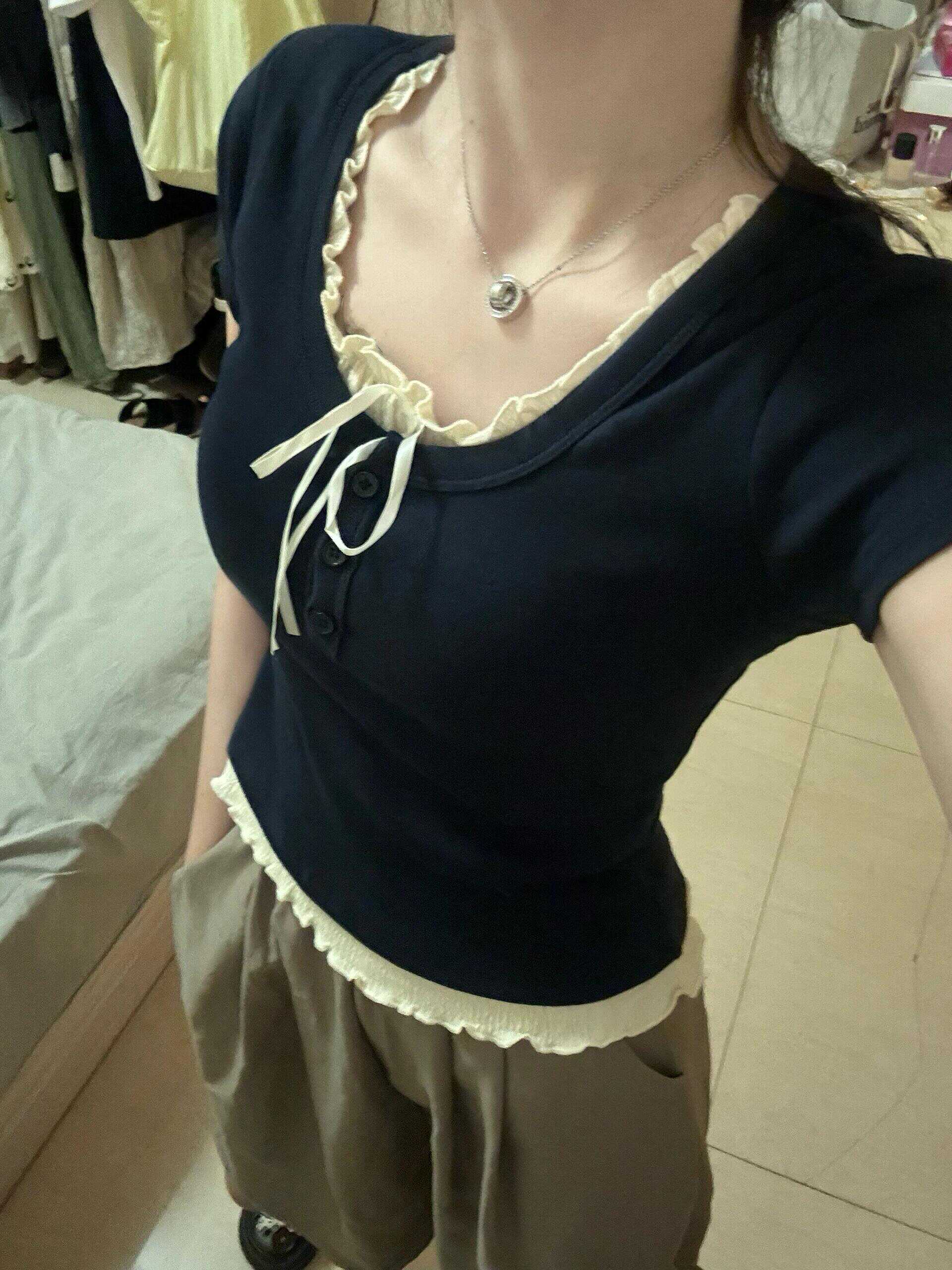 正肩短袖假两件t恤女夏季
