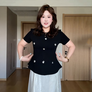 胖mm百搭显瘦独特漂亮掐腰上衣 大码 女装 圆领黑色正肩短袖 t恤夏季