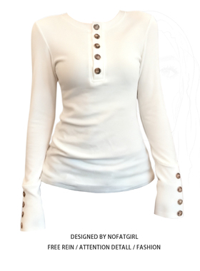 大码胖MM设计感白色亨利纽扣长袖t恤女秋季收腰显瘦正肩打底上衣