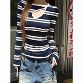 胖mm修身 条纹长袖 T恤女秋冬季 大码 镂空设计感辣妹显瘦打底衫 上衣