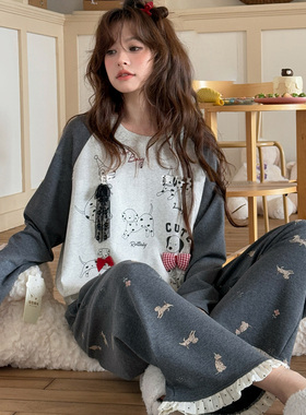 小熊家女士睡衣秋季纯棉长袖长裤可爱小狗卡通休闲大码新款家居服