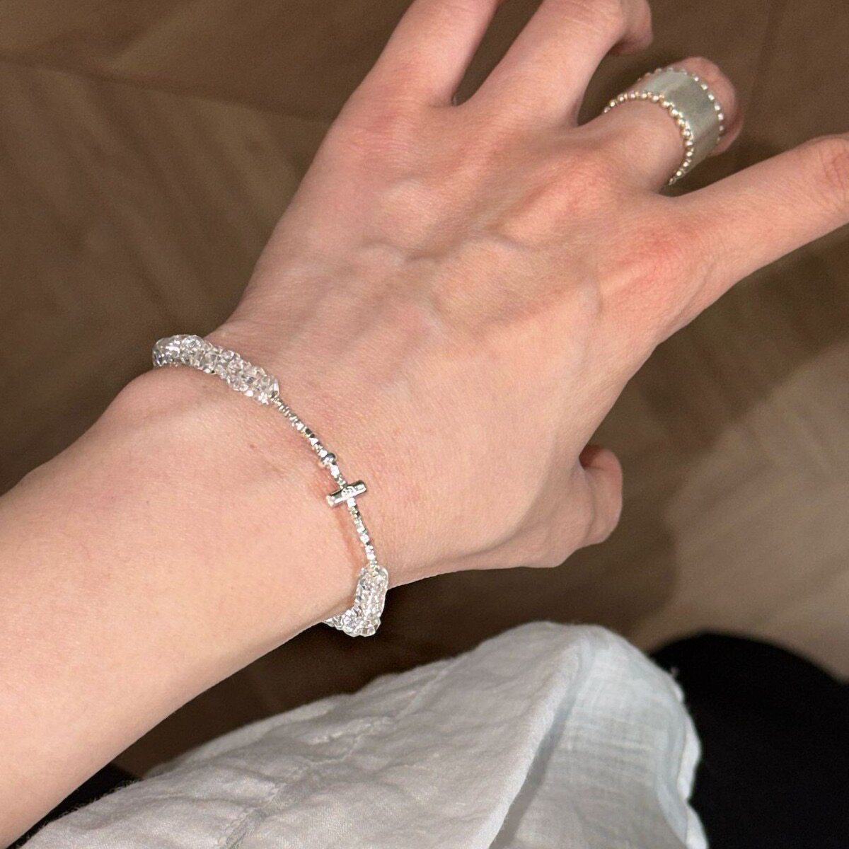 s925通体纯银天然白水晶碎银子手链女简约气质百搭小清新水晶手饰