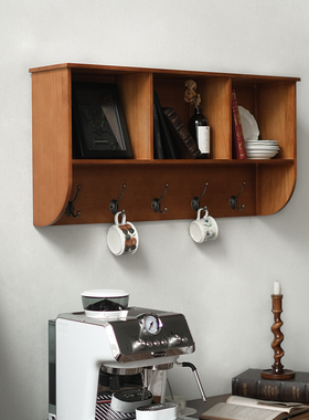 美式做旧壁橱柜原木带挂钩收纳储物玄关厨房复古咖啡墙壁挂式吊柜