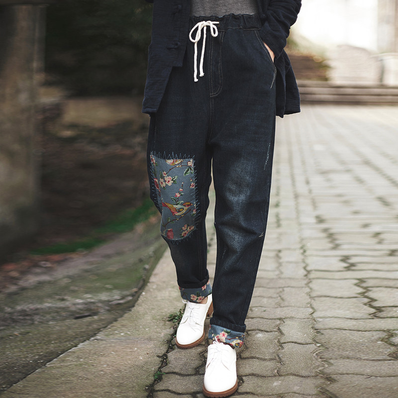 spring and autumn Retro Ethnic style Birds printing Patch Flanging Straight pants Easy leisure time Hanging file trousers Jeansin the Women's clothing/Boutique , Jeans  category - from Buy2taobao.com to provide professional Taobao agent buy service