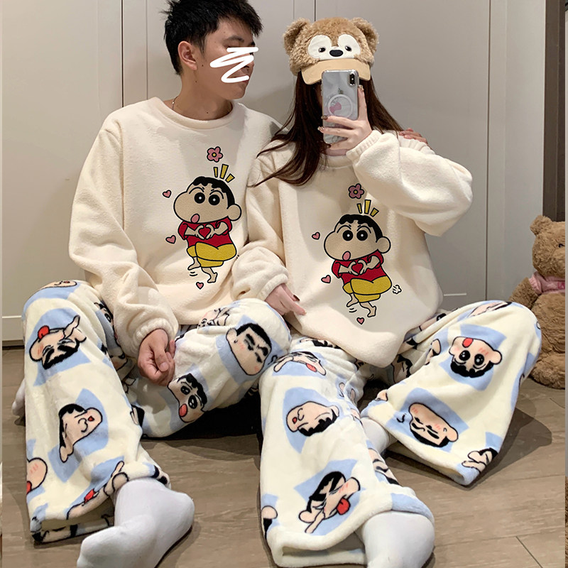 法兰绒情侣睡衣男女款2025新款蜡笔小新珊瑚绒加厚加绒可爱家居服